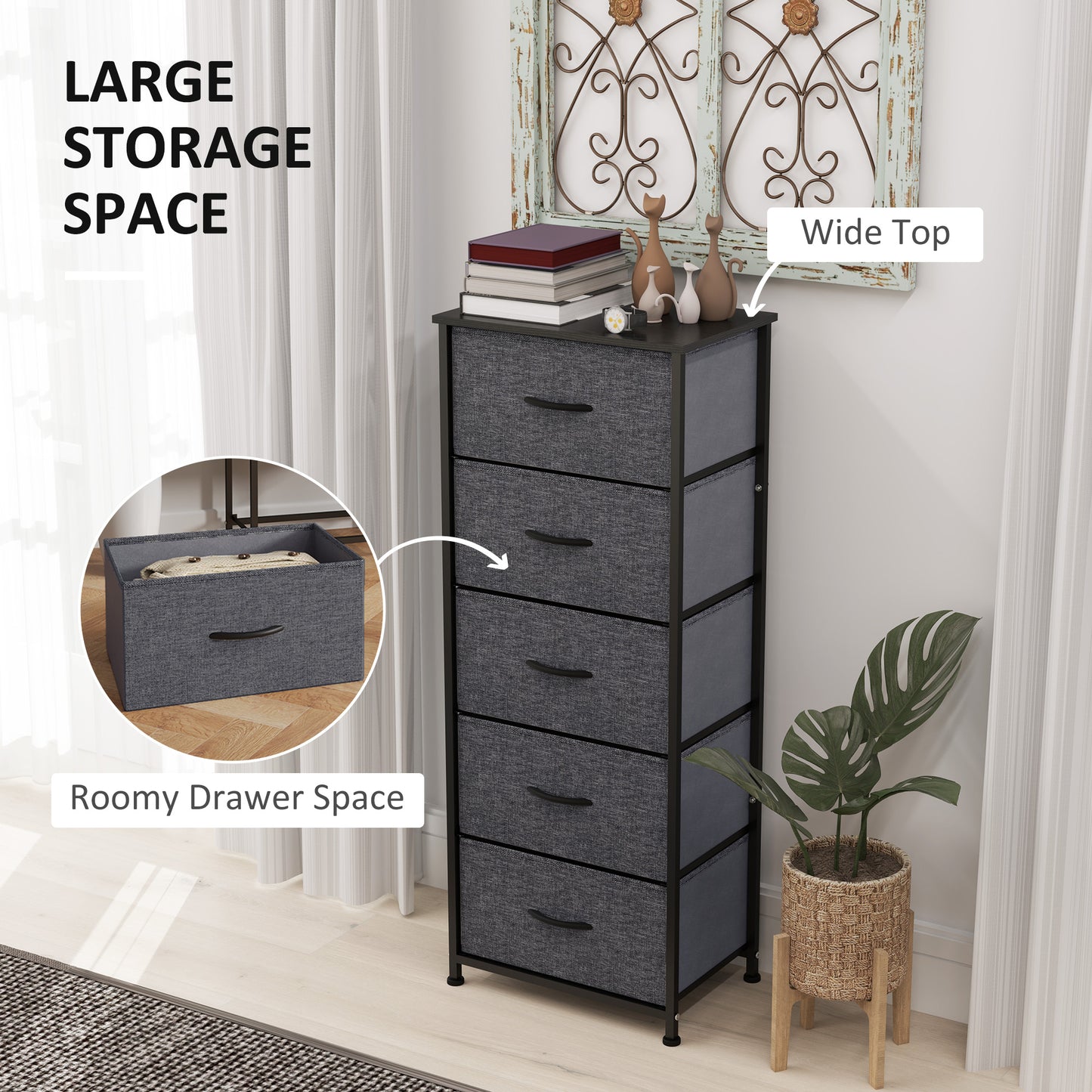 Ralora Metal And Fabric Dark Grey 5 Drawer Industrial Storage Dresser With Steel Frame