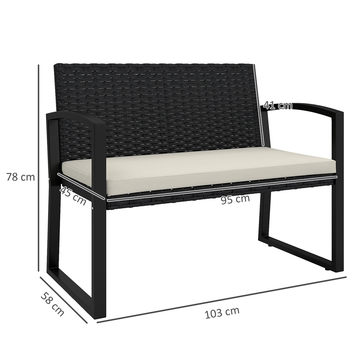 Lalepa Black Rattan Beige 2 Seater Outdoor Garden Bench