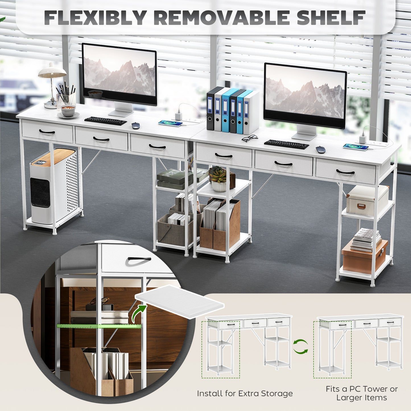 Riba 120cm Wooden White Home Office Desk With Power Sockets 3 Fabric Drawers And Storage Shelves 120 cm
