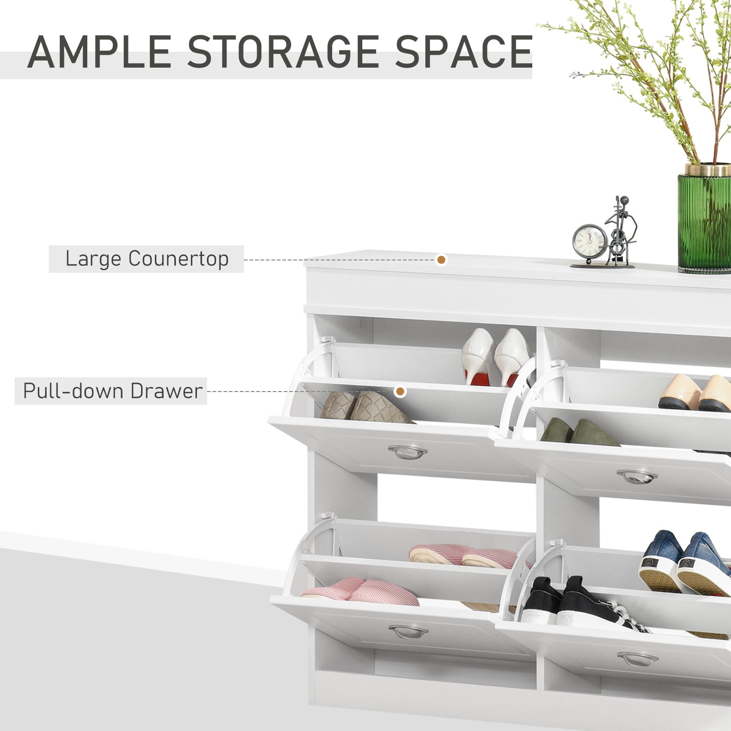 Sozita Wooden White 4 Flip Drawer Shoe Cabinet With Adjustable Shelves For Entryway
