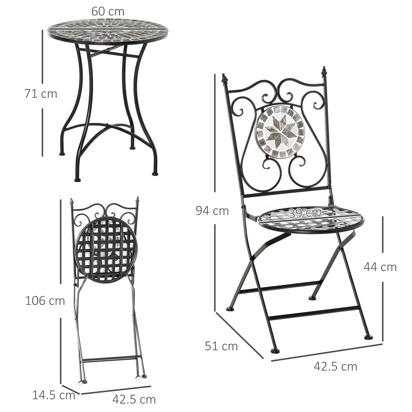 Lilera 3 Piece Mosaic Tile Bistro Set With Folding Chairs And Metal Frame