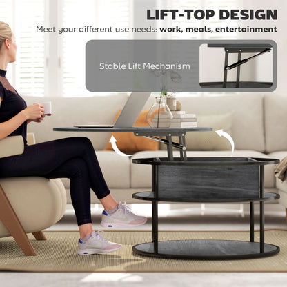 Diha Metal And Wooden Dark Grey Round Lift Top Coffee Table With Hidden Storage