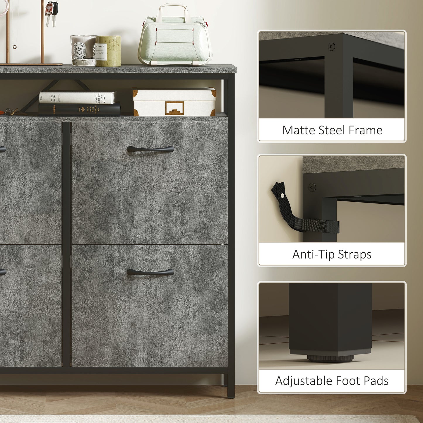 Verala Wooden Cement Effect Grey Shoe Cabinet With 4 Flip Drawers And Shelf