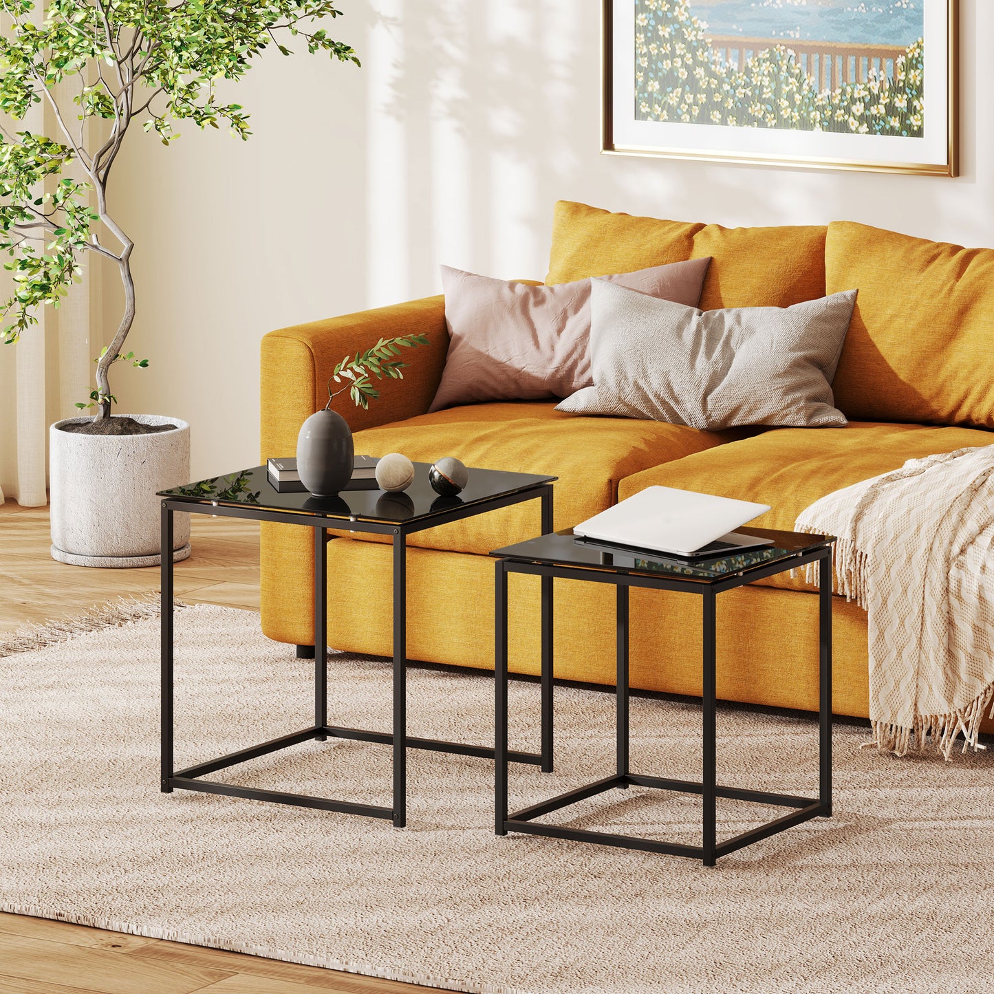 Raviccu Metal And Glass Black Set Of 2 Nesting Coffee Tables With TemFauxred Glass Tops
