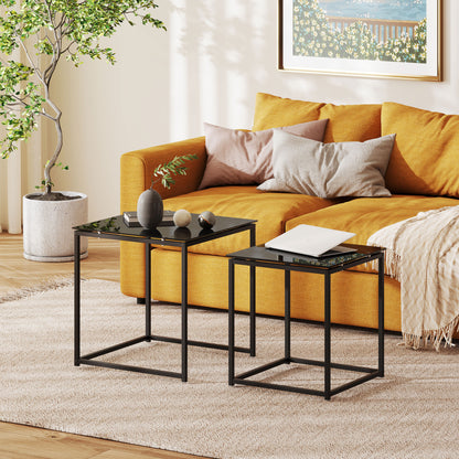 Raviccu Metal And Glass Black Set Of 2 Nesting Coffee Tables With TemFauxred Glass Tops