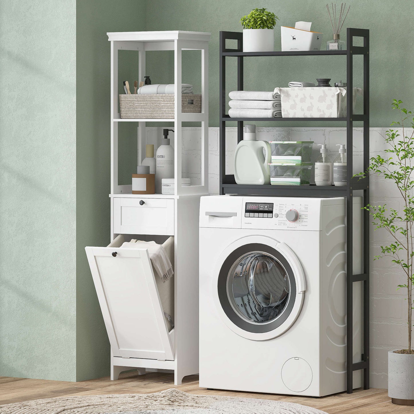 Elnova Tall Bathroom Storage Cabinet With Integrated Laundry Basket White