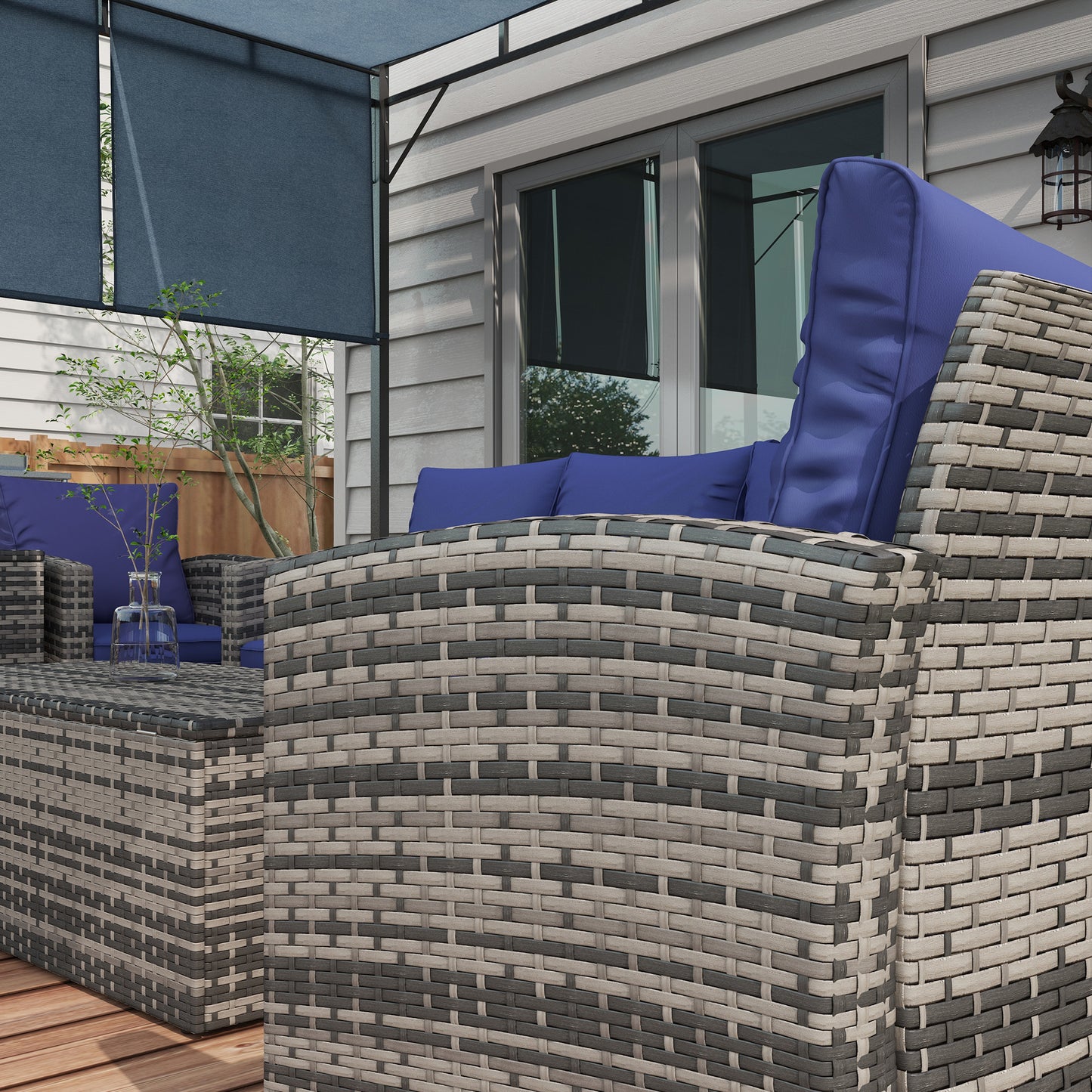 Resuno Grey Rattan Navy Blue 7 Seater Outdoor Sofa Set With Storage Tables