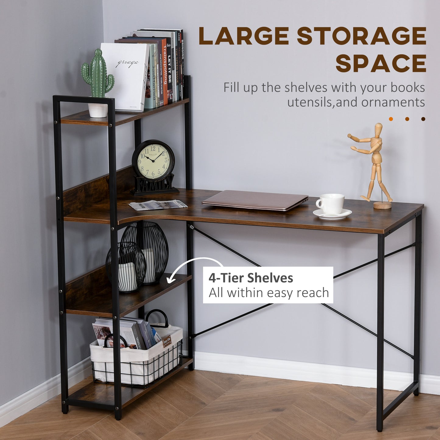 Ranasa 120cm Metal And Wooden Rustic Brown Industrial Desk With Storage Shelves