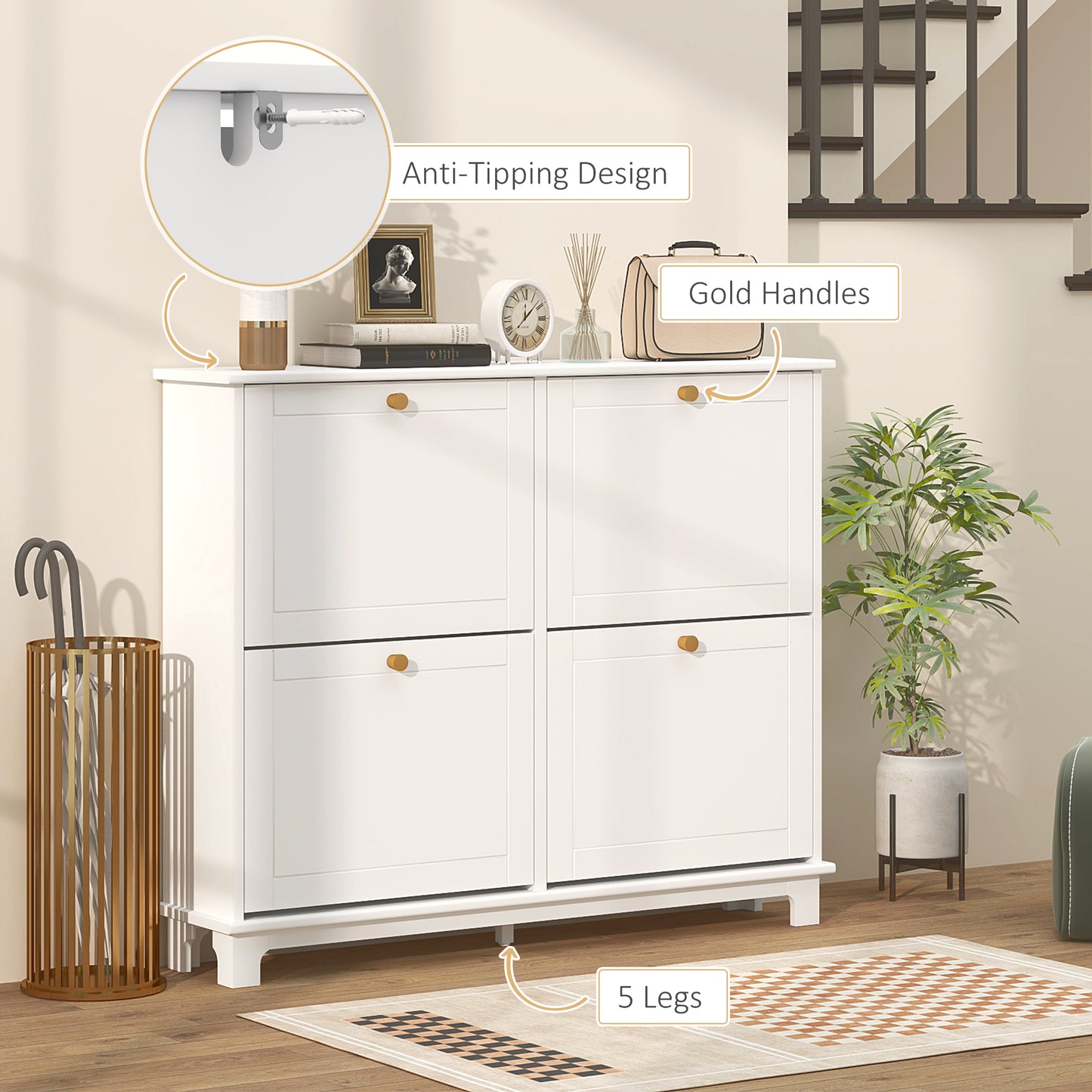 Zisuka Wooden White Slim Shoe Cupboard With 4 Flip Drawers For 16 Pairs