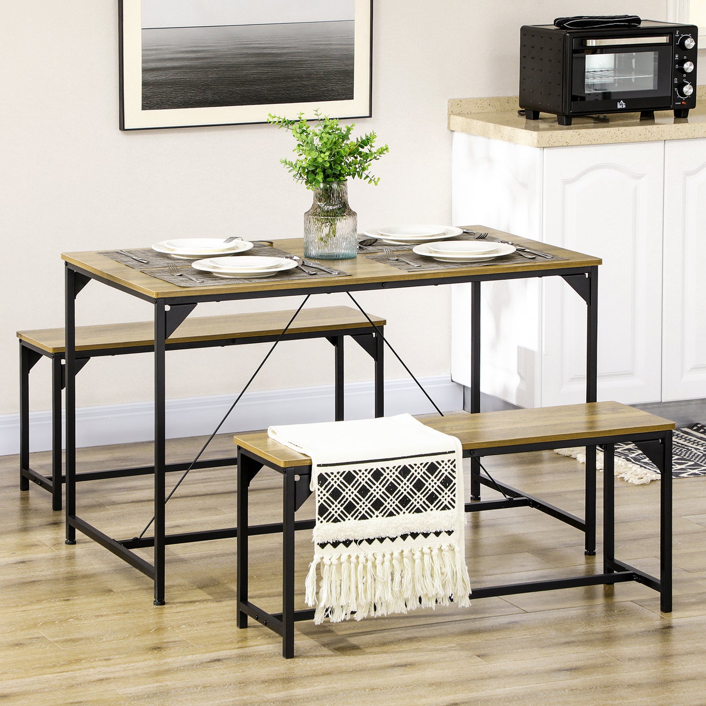 Yomaha Wooden Natural Dining Table With 2 Benches Seating 4