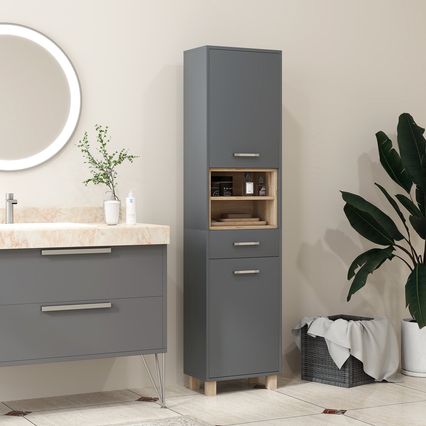 Suna Tall Bathroom Storage Cabinet With Moisture Resistant Board Finish Matte Grey