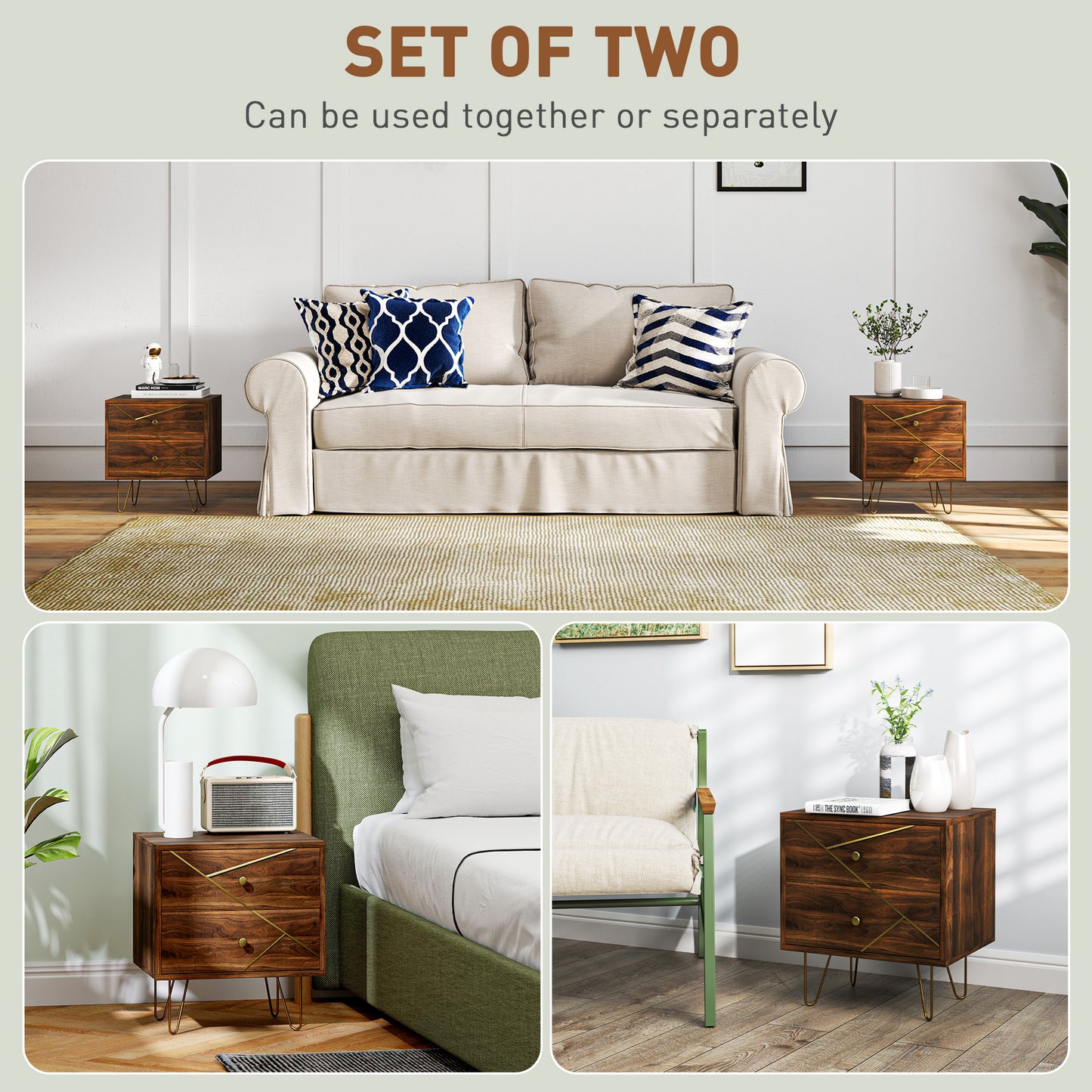 Vasare Soel Set Of 2 Gold and Brown Wood Grain Bedside Tables 2 Drawers Hairpin Legs