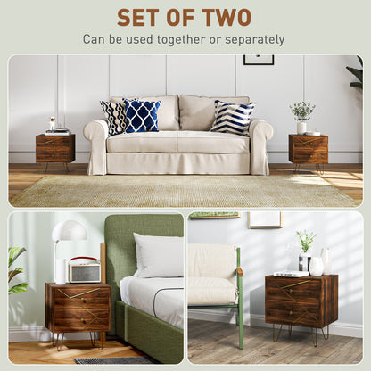 Vasare Soel Set Of 2 Gold and Brown Wood Grain Bedside Tables 2 Drawers Hairpin Legs