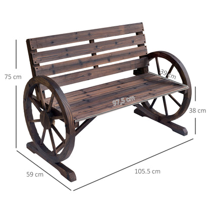 Linifi Wood Brown Rustic 2 Seater Garden Bench With Wagon Wheel Arms And High Back