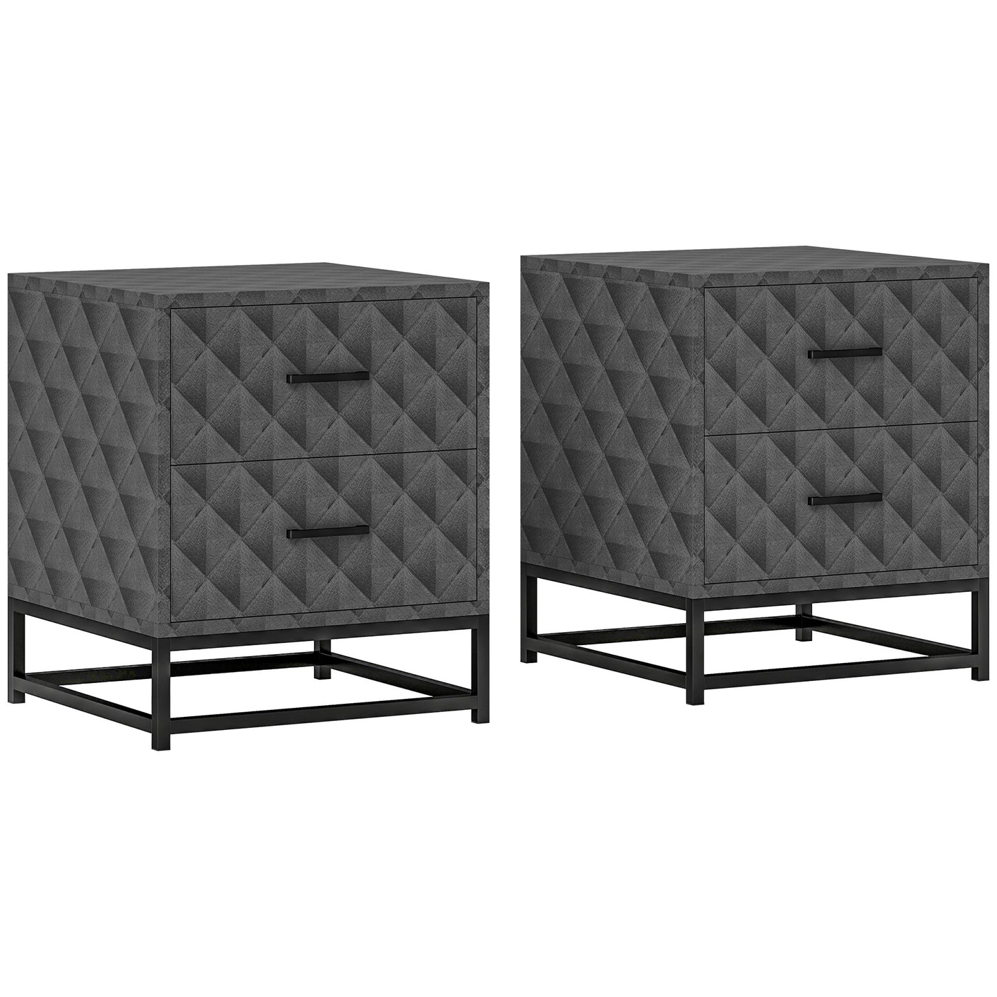 Nonare Set Of 2 Grey Retro Bedside Tables With 2 Drawers And Steel Legs