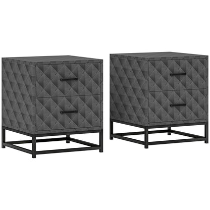 Nonare Set Of 2 Grey Retro Bedside Tables With 2 Drawers And Steel Legs