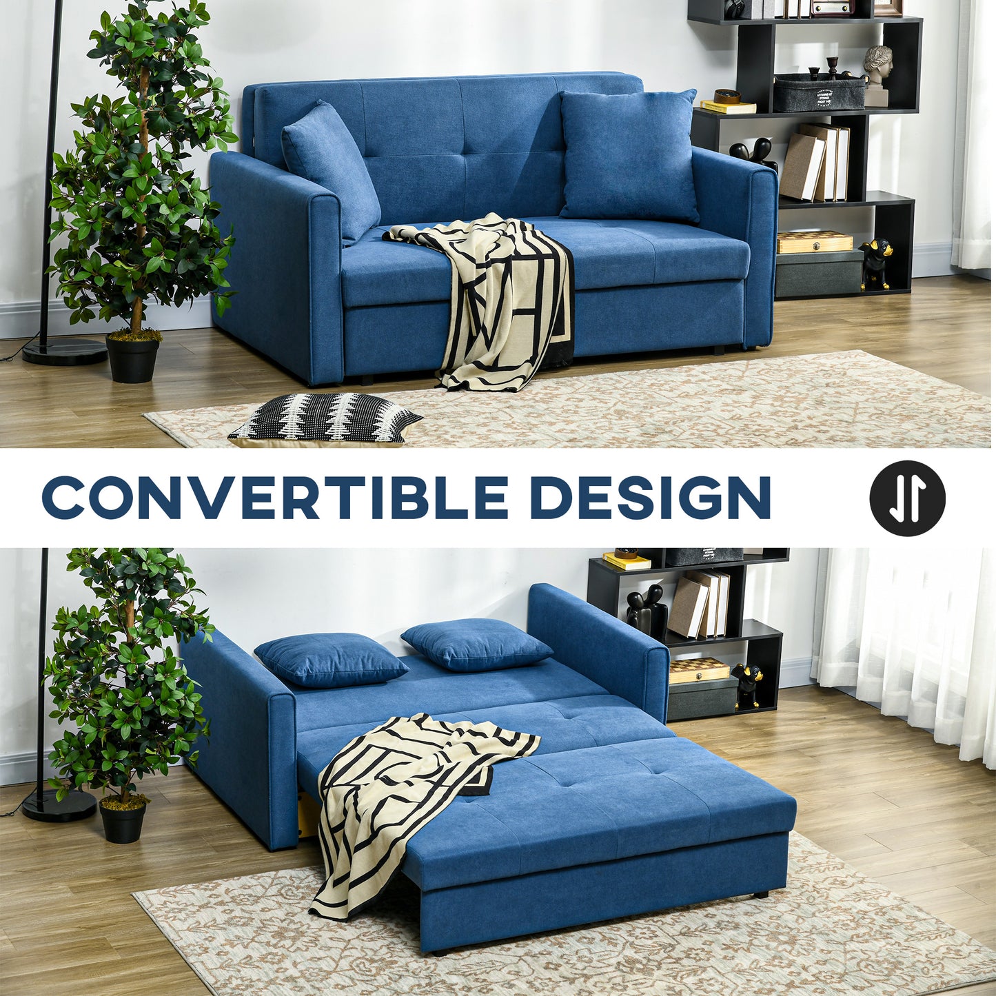 Palani Bayo Snow Flannel Deep Blue 2 Seater Sofa Bed With Hidden Storage And Cushions