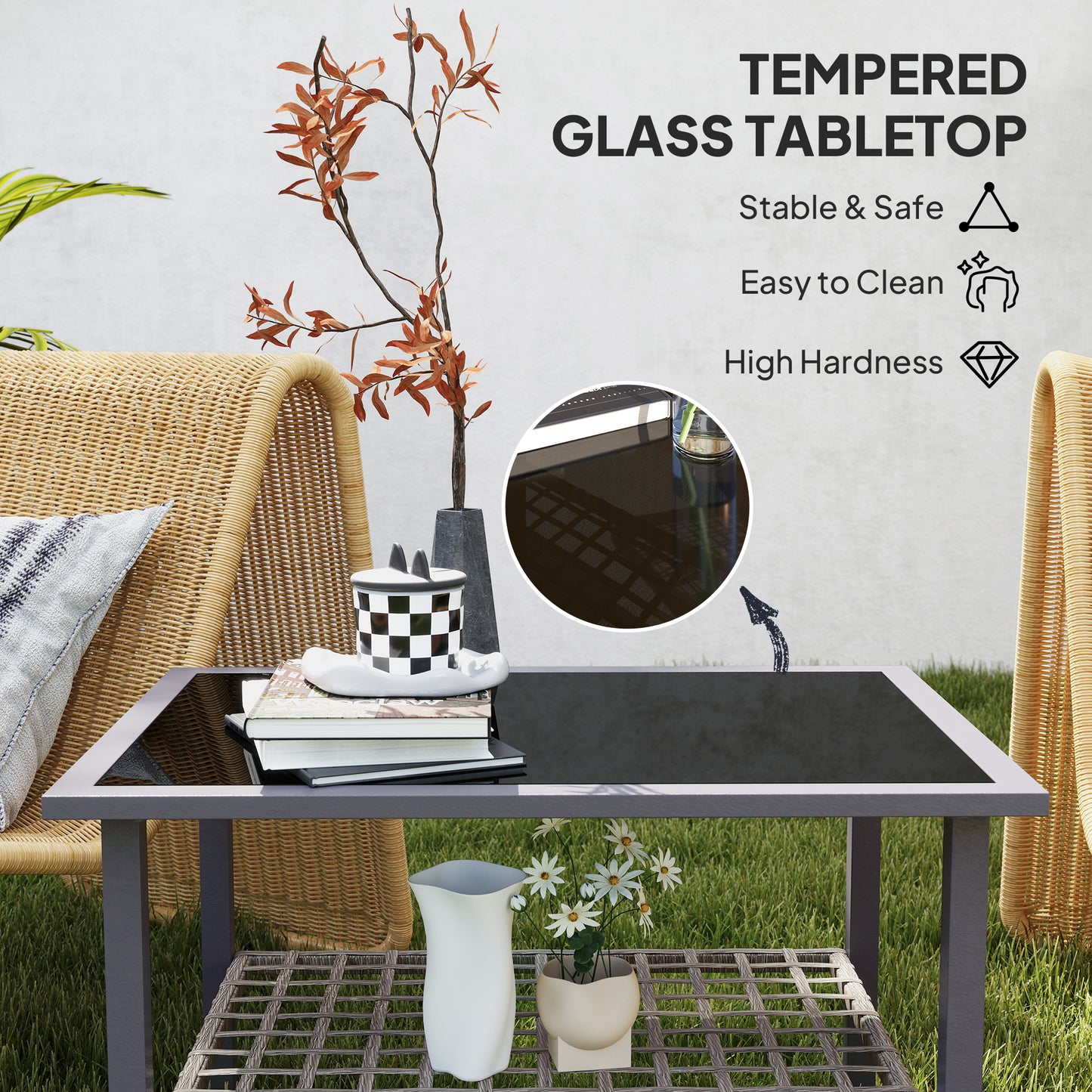 Revano Grey Rattan Outdoor Coffee Table With Tempered Glass Top and Lower Shelf