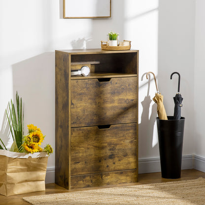 Zilado Wooden Rustic Brown Slim Shoe Cabinet With 2 Flip Doors And Shelf