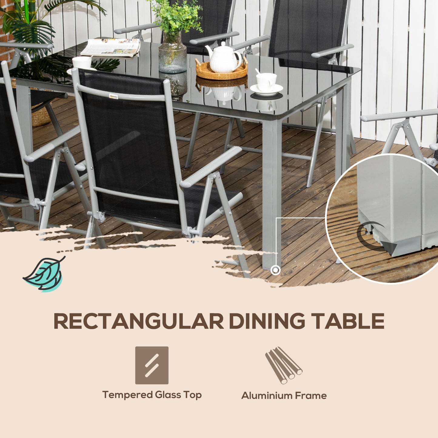 Lule 6 Seater Aluminium Black Garden Dining Set With Folding Mesh Chairs And Glass Table