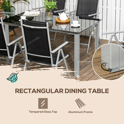 Lule 6 Seater Aluminium Black Garden Dining Set With Folding Mesh Chairs And Glass Table