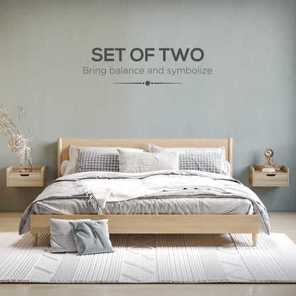 Tacoso Set of 2 Natural Wood Chevron Floating Nightstands With Drawer Wall Mounted