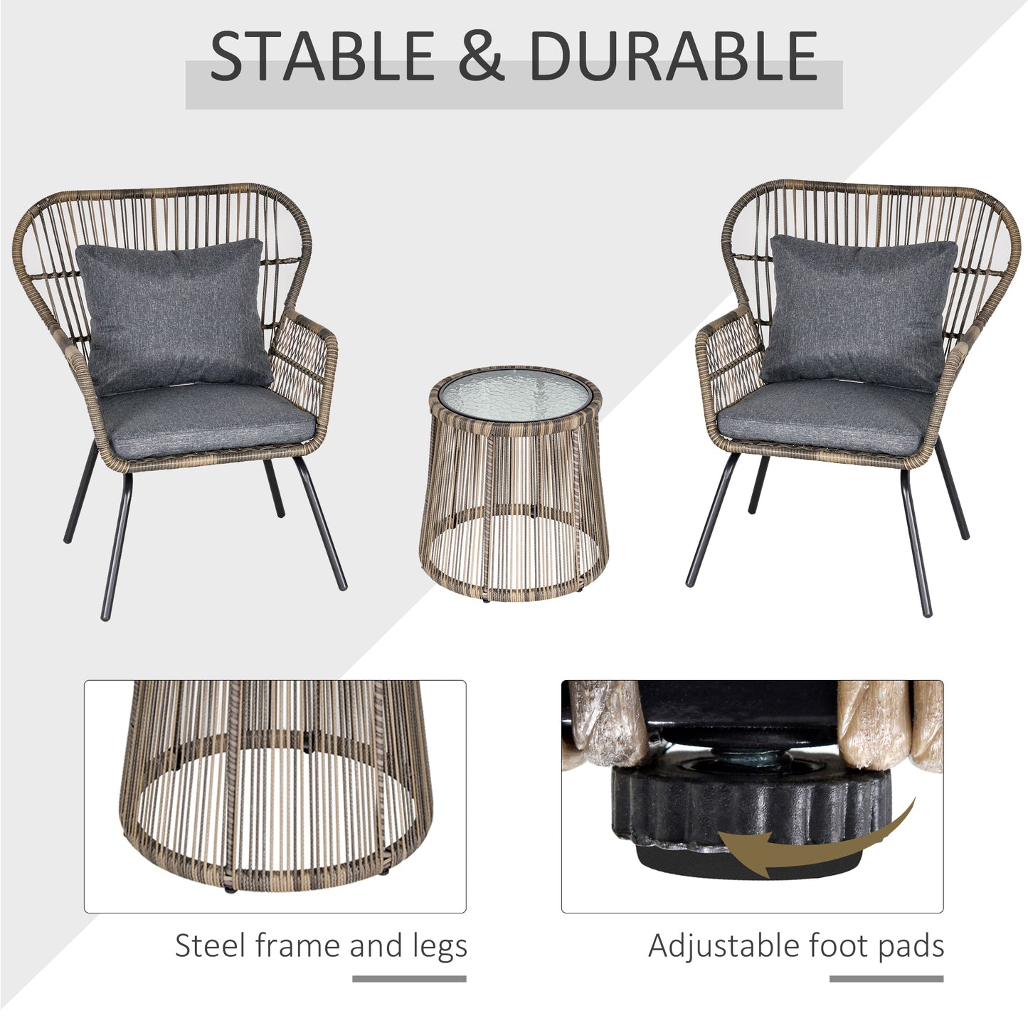 Lozifa Natural Rope 3 Piece Garden Bistro Set With Grey Cushions And Glass Coffee Table
