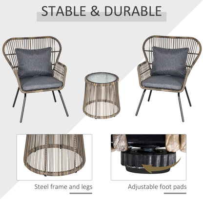 Lozifa Natural Rope 3 Piece Garden Bistro Set With Grey Cushions And Glass Coffee Table