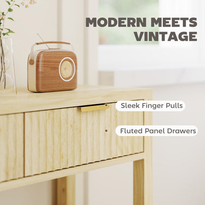 Kesoyo 90cm Wooden Natural Fluted Drawer Console Table With Lower Shelf