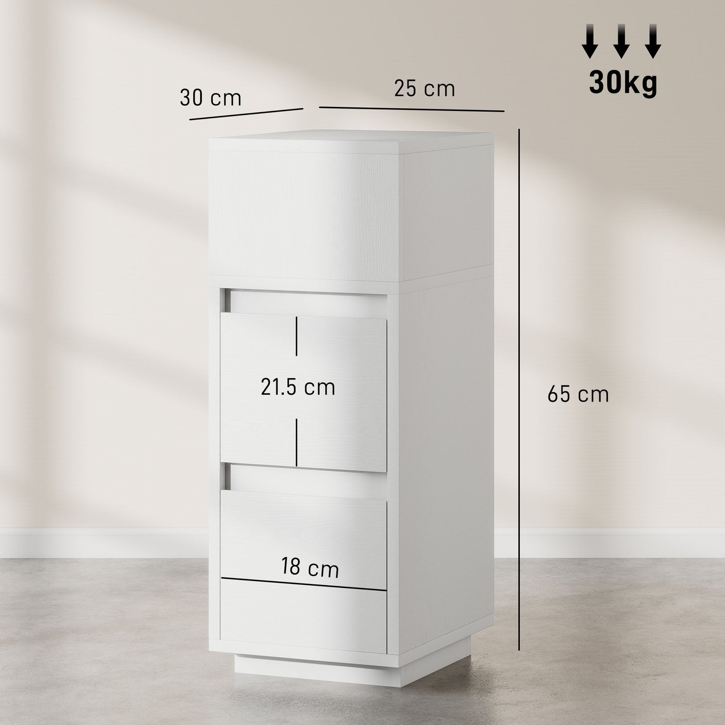 Nineso Valu White Slim Bedside Table With 2 Drawers And Open Shelf