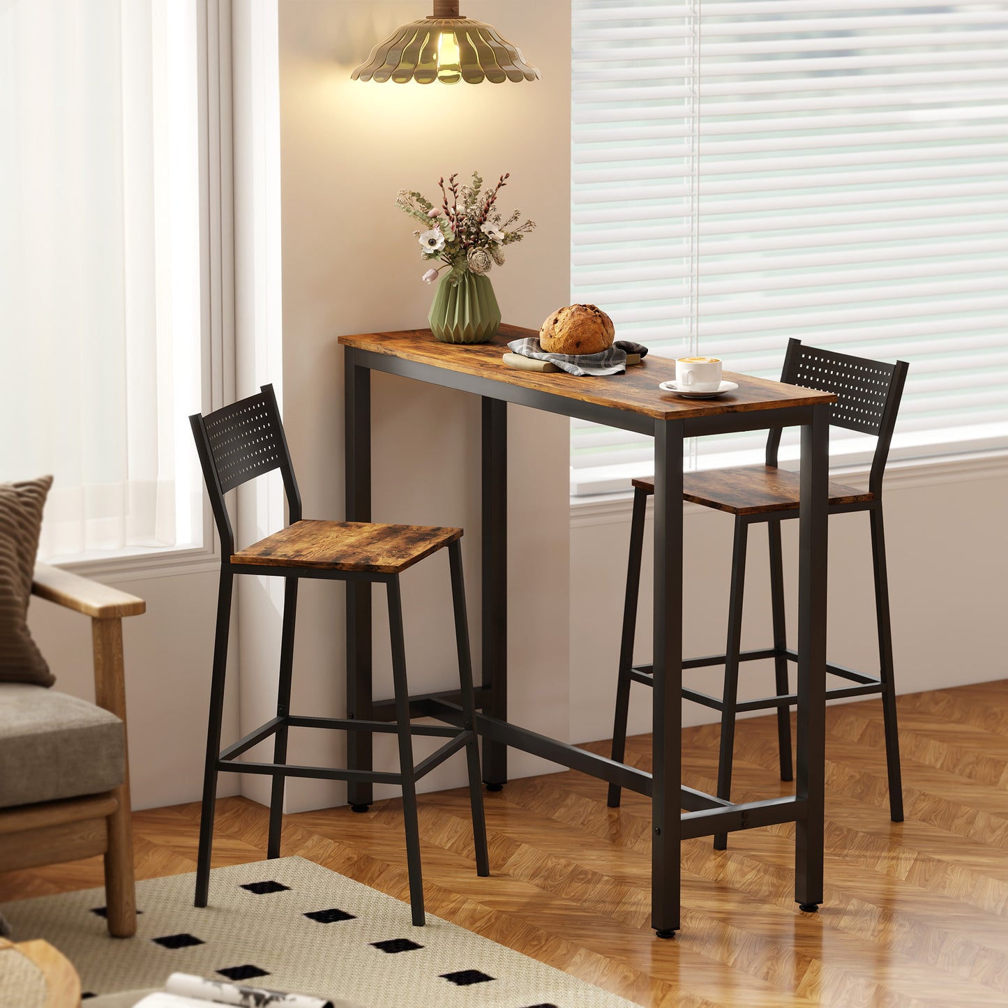 Bazila Rustic Brown Wood Effect Rectangular Bar Table Industrial Breakfast Dining Design