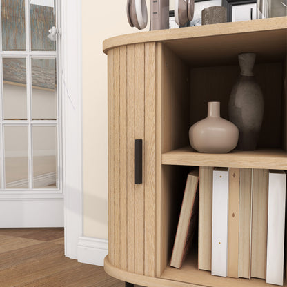 Ronoke Natural Oak Effect Mid Century Sideboard Slatted Sliding Doors Black Metal Legs