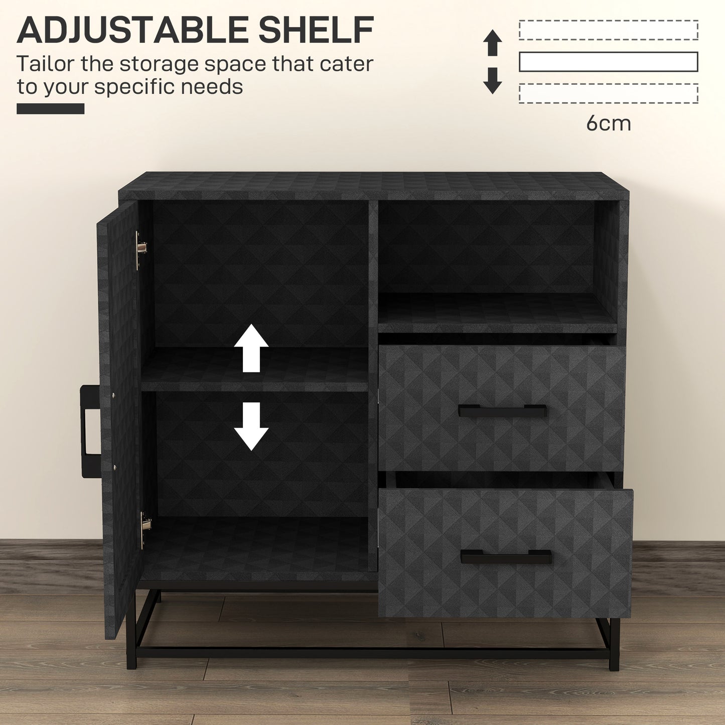 Zimaka Black Retro Sideboard With Open Compartment 2 Drawers 1 Door