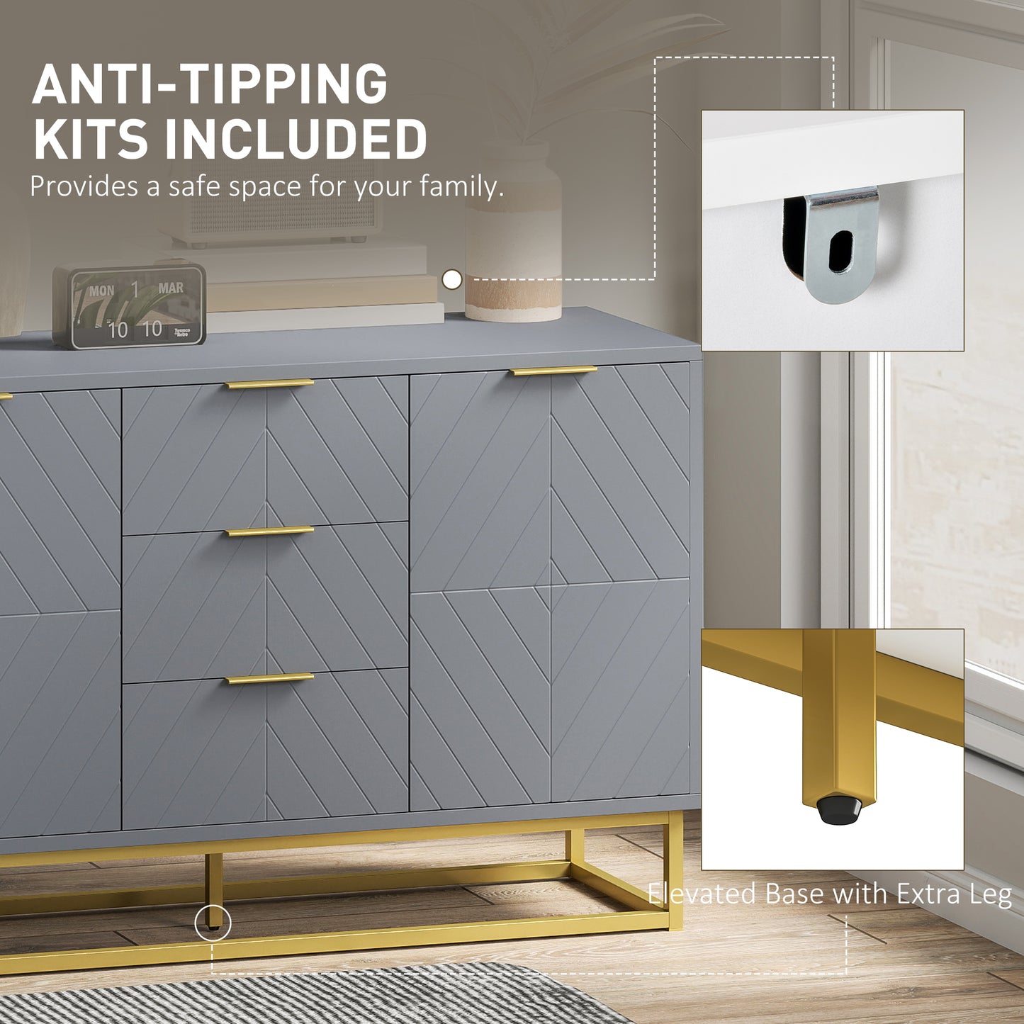 Veli Grey Sideboard With 3 Drawers 2 Doors 2 Sehelves
