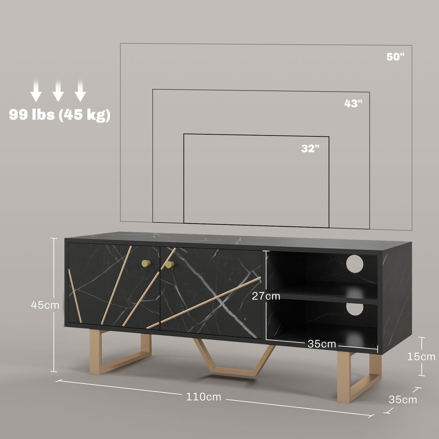 Vinika 110cm Wooden Black Marble Effect TV Console With Shelves And Storage For Screens Up To 50 Inches