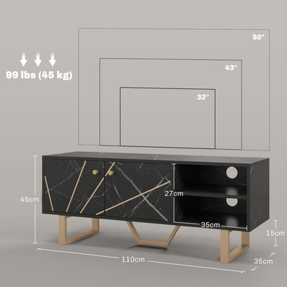 Vinika 110cm Wooden Black Marble Effect TV Console With Shelves And Storage For Screens Up To 50 Inches