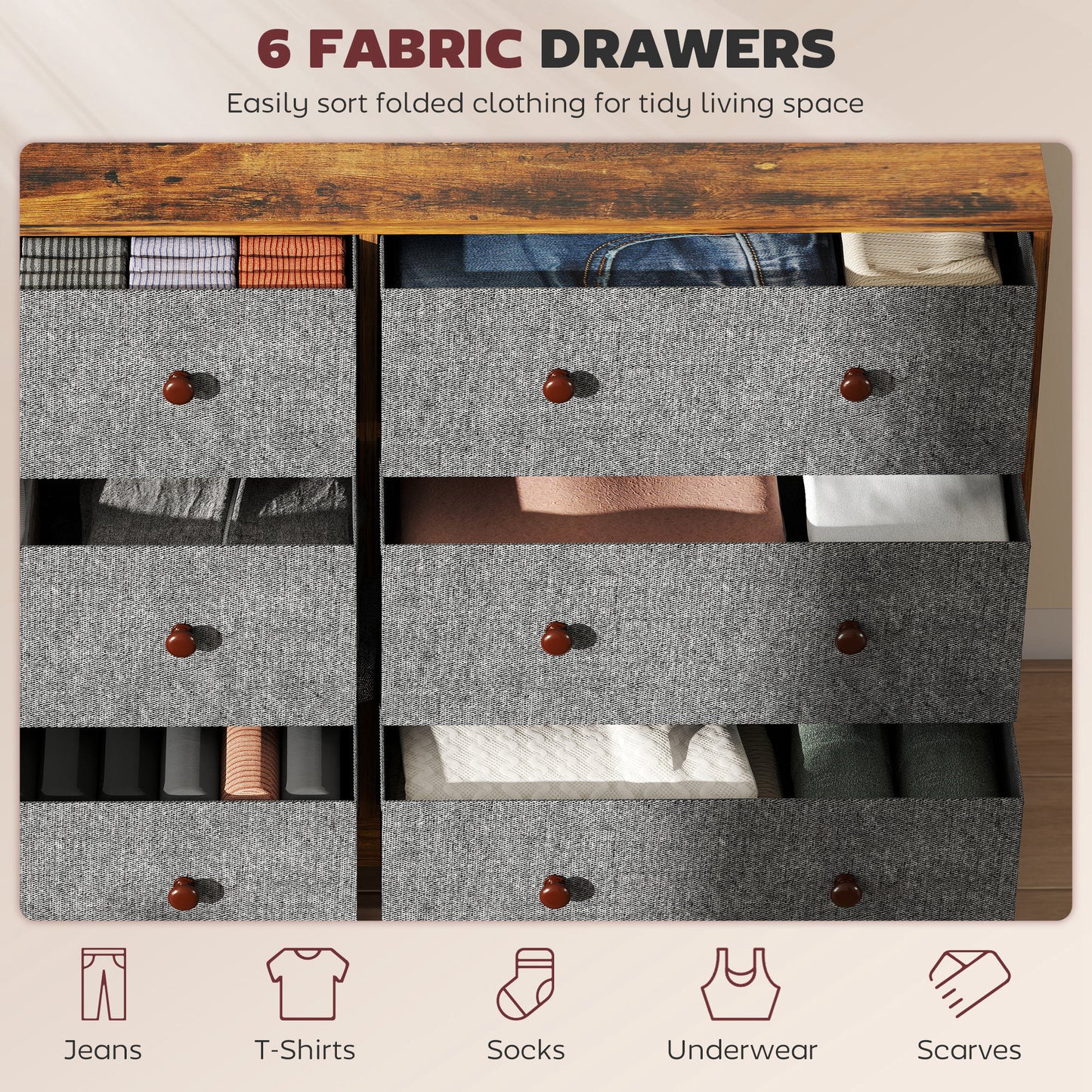 Sanovi Fabric And Wood Grey And Rustic Brown 6 Drawer Storage Dresser