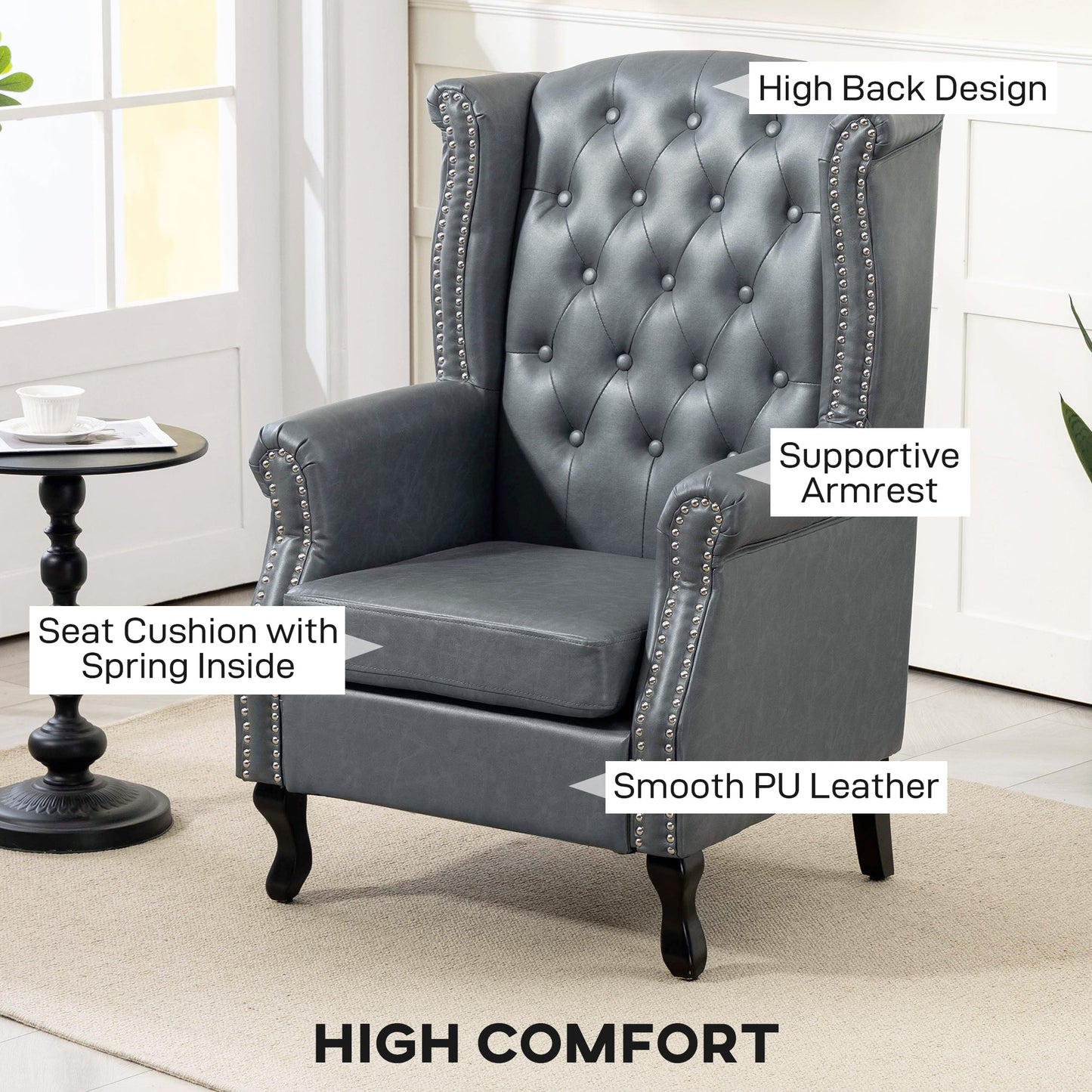 Radima Grey Faux Leather Chesterfield Wingback Accent Armchair With Nail Head Trim