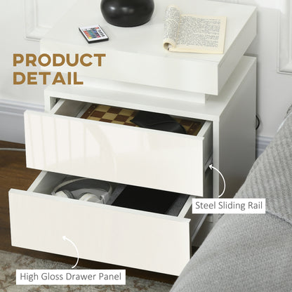 Rema High Gloss White Bedside Table With LED Lighting And 2 Drawer Storage