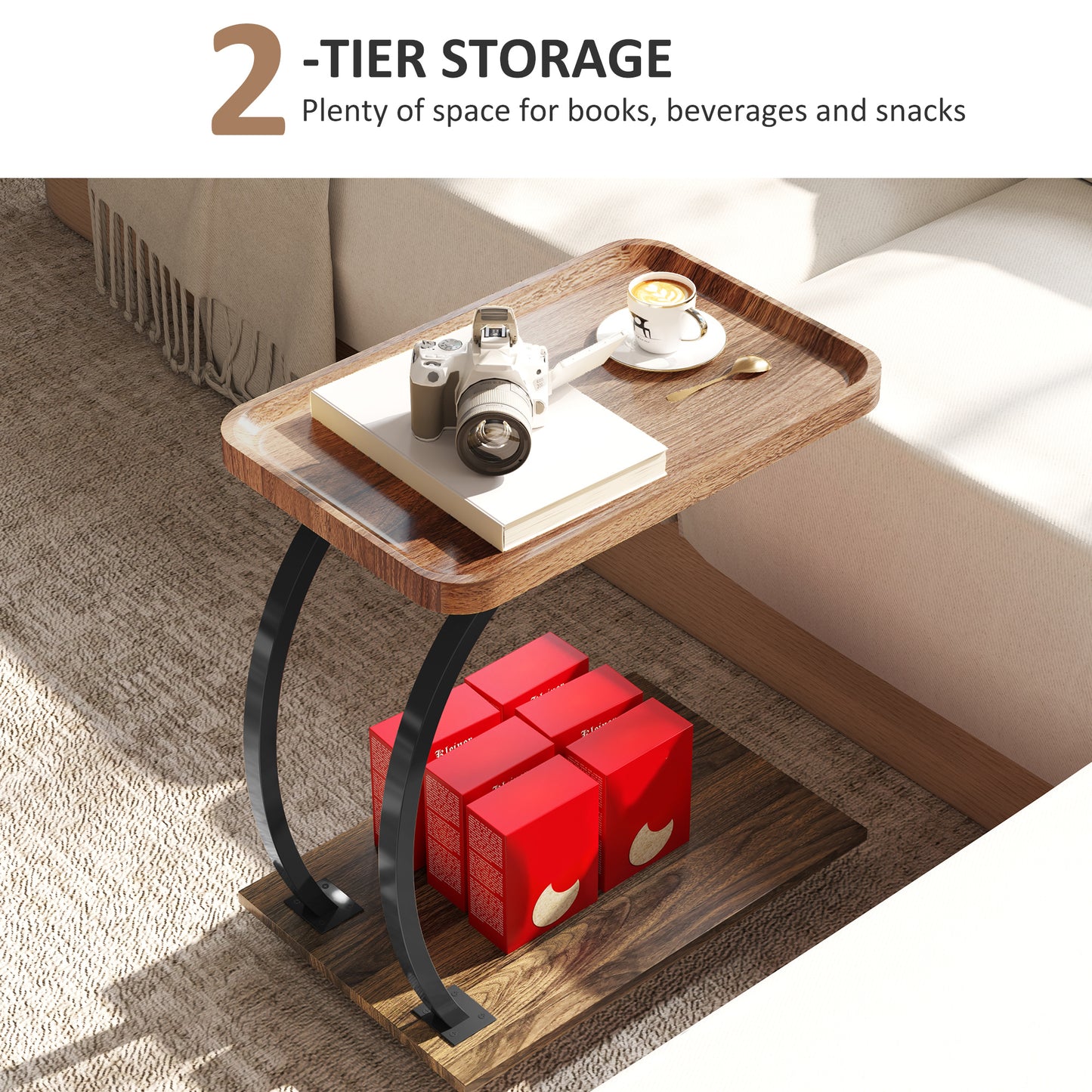 Netari Brown Wood and Black Metal 2 Tier Mobile C Shaped Side Table