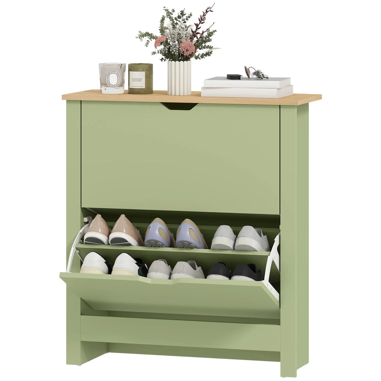 Wooden Green Slim Shoe Cabinet With 2 Flip Drawers For 12 Pairs
