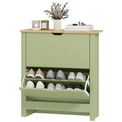 Wooden Green Slim Shoe Cabinet With 2 Flip Drawers For 12 Pairs
