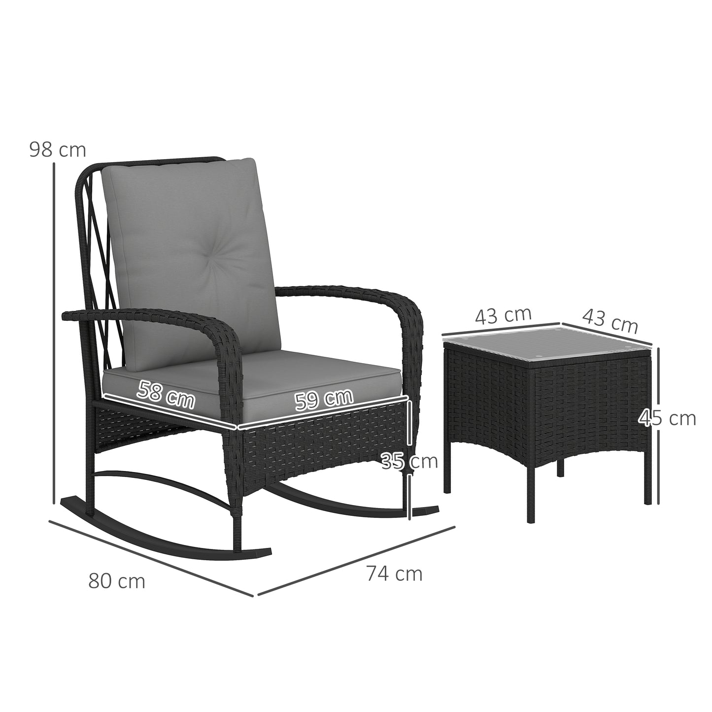 Nassotti Rattan Black 3 Piece Rocking Bistro Set Grey Cushions