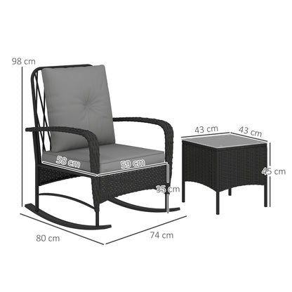 Nassotti Rattan Black 3 Piece Rocking Bistro Set Grey Cushions