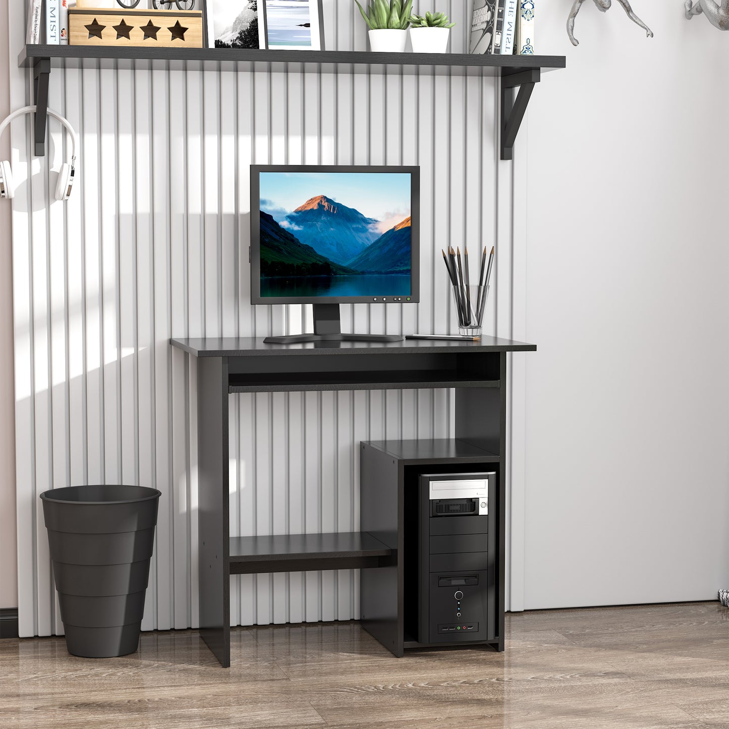 Moke 80cm Wooden Black Compact Corner Desk With Keyboard Tray And Storage Shelves