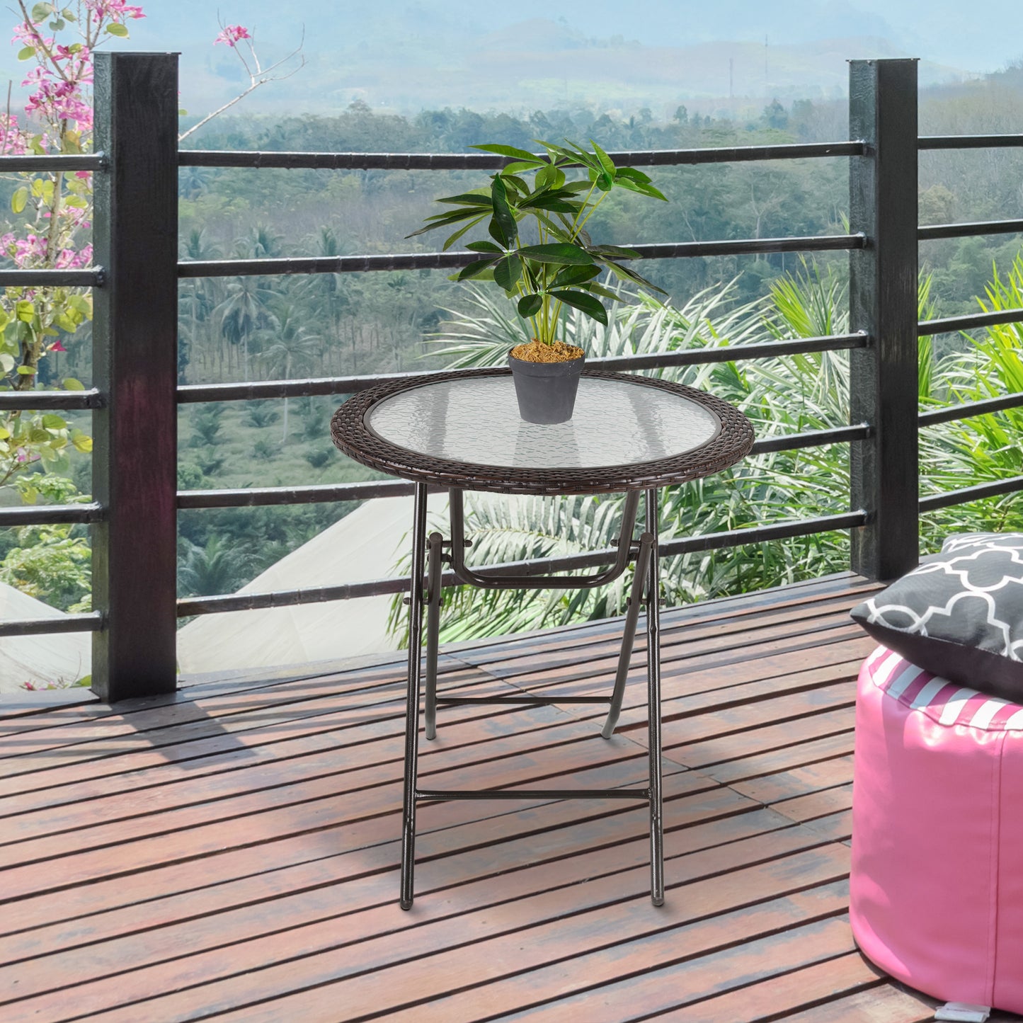 Lose Brown Rattan and Glass Round Folding Outdoor Bistro Table