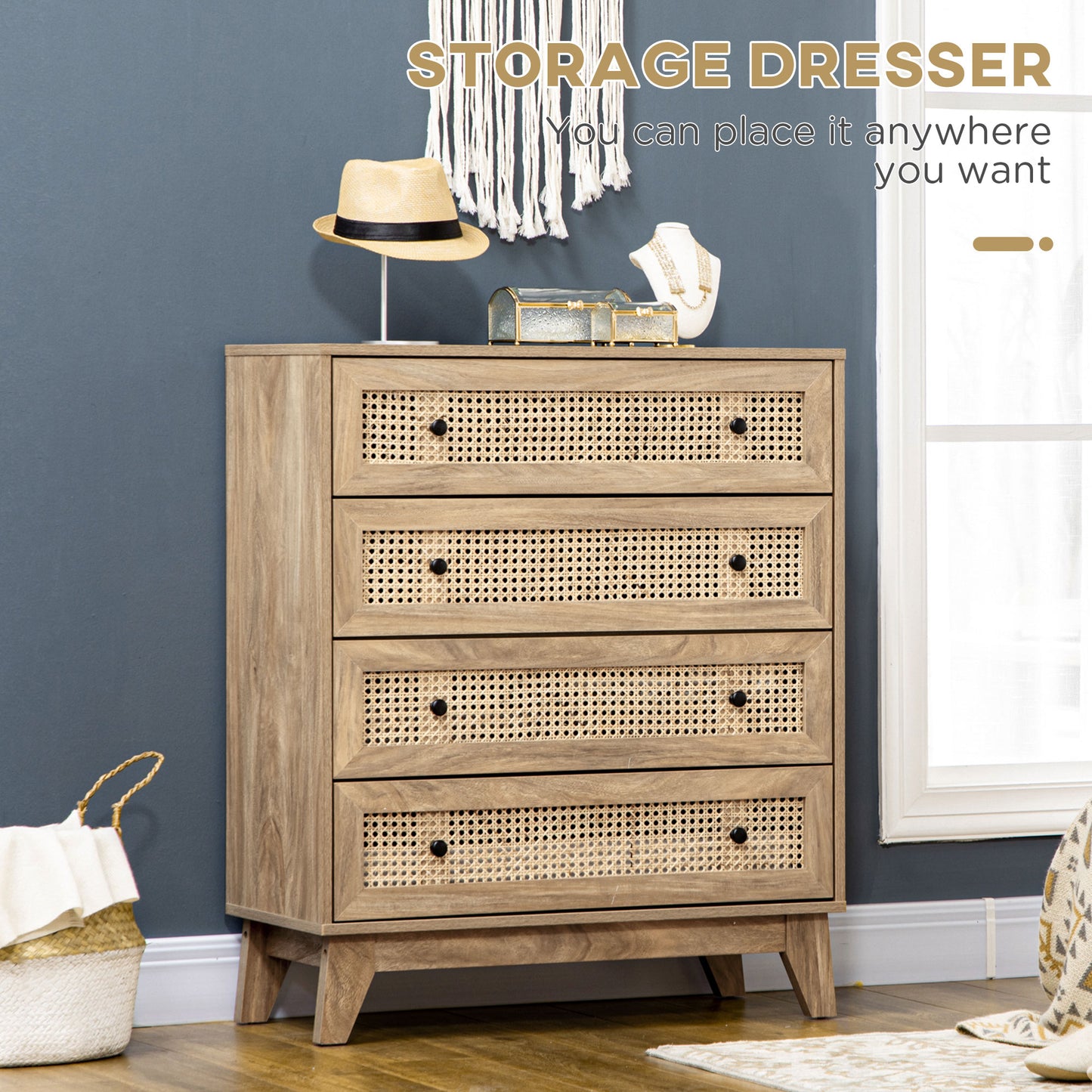 Mohetak Wood and Rattan 4 Drawer Storage Chest