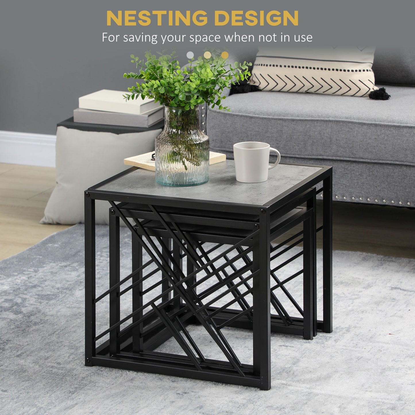 Safi Metal And Wood Grey Set Of 3 Square Nesting Side Tables With Black Frame
