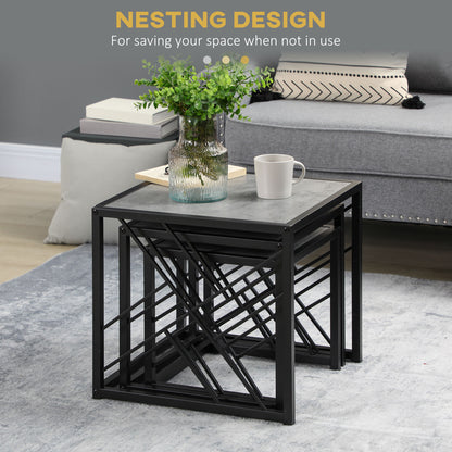 Safi Metal And Wood Grey Set Of 3 Square Nesting Side Tables With Black Frame