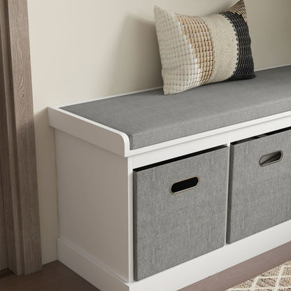 Elfila Wooden White 3 Drawer Shoe Storage Bench With Grey Padded Seat